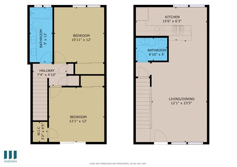 A floor plan of a two-bedroom apartment with a living/dining area and a bathroom.